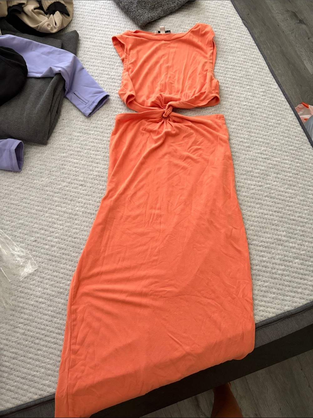Sleeveless Midi Dress with Front Knot in Coral Orange